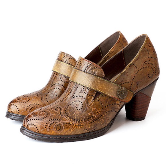 Retro Chunky Heeled Leather Slip on Heels Sz 41 - Picture 9 of 9